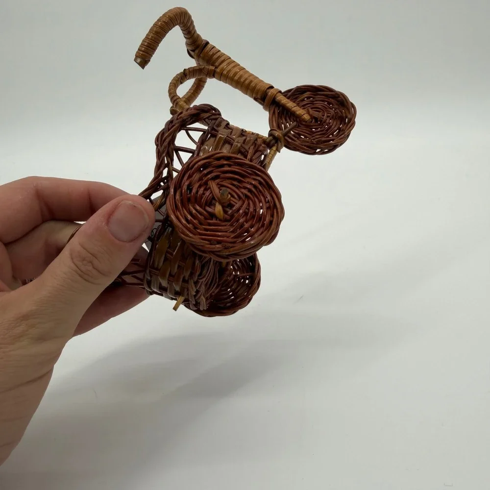 Miniature Wicker Tricycle Basket Plant Holder Brown Woven Rattan Decor 4x5 Inch